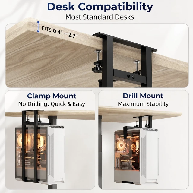 Alt view image 7 of 7 - Adjustable Under Desk PC Mount, Clamp-On CPU Holder, Black 66LBS Load Capacity, Anti-fall Baffle & EVA Anti-slip Pads, Keeps CPU Stable, Fits Most Mid-Tower PC Cases