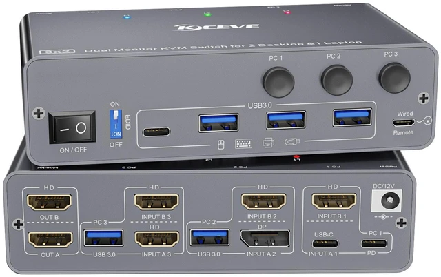 Main image of KVM Switch 2 Monitors 3 Computers USB C HDMI DP, EDID, 4K@60Hz USB 3.0 KVM Switch Dual Monitor HDMI for 1 Laptops 2 Desktop, 73W PD, Aluminum, Wired Remote(4K USB C HD DP 3 in 2 out KVM)