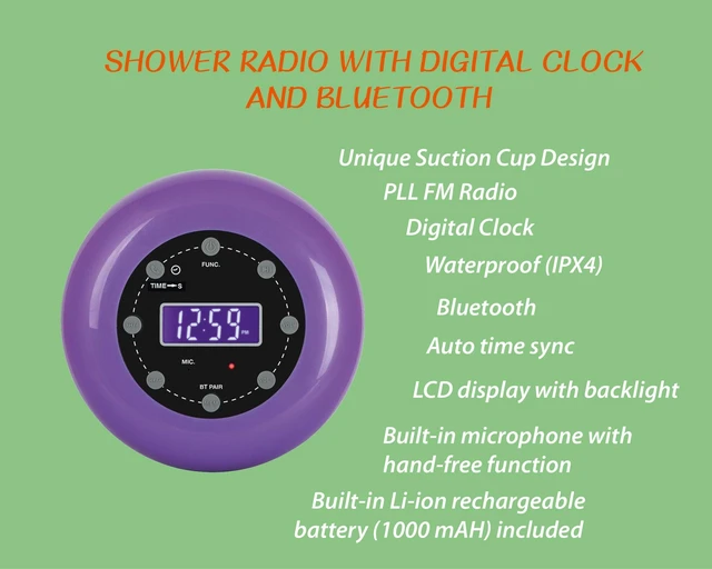 Alt view image 3 of 7 - HX-159CR Shower Clock Radio, FM, Bluetooth, Waterproof (Purple) Digital Clock, LCD Display, Bluetooth with Hand-Free, IPX4 Waterproof, Built-in Rechargeable Battery, Unique Suction Cup