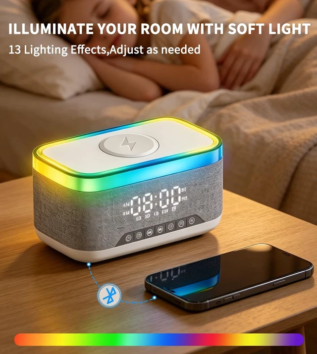 Alt view image 3 of 7 - Bluetooth Speaker with Wireless Charging, Alarm Clock Radio for Bedrooms White Noise Wireless Speaker with FM Radio Phone Charger Dimmable Dual Alarm 13-Color Night Light Birthday Gifts for Men, Women