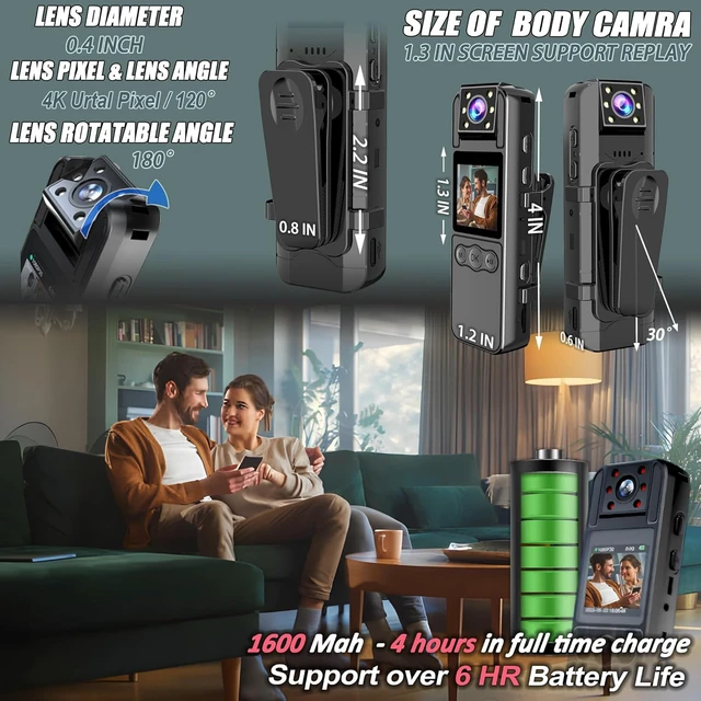 Alt view image 2 of 7 - Body Camera with Audio and Video Recording, Unltra 4K Body Cam with 180° Rotating Lens, IR Cut Auto Night Vision, 6HR Battery, 128GB Body Worn Camcorder Personal Police (128G 4K Pixel)