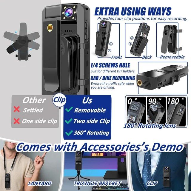 Alt view image 3 of 7 - Body Camera with Audio and Video Recording, Unltra 4K Body Cam with 180° Rotating Lens, IR Cut Auto Night Vision, 6HR Battery, 128GB Body Worn Camcorder Personal Police (128G 4K Pixel)