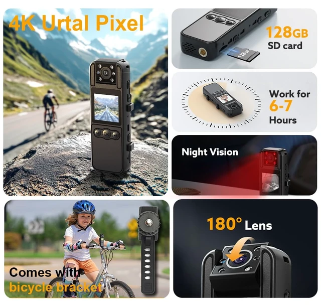 Alt view image 7 of 7 - Body Camera with Audio and Video Recording, Unltra 4K Body Cam with 180° Rotating Lens, IR Cut Auto Night Vision, 6HR Battery, 128GB Body Worn Camcorder Personal Police (128G 4K Pixel)