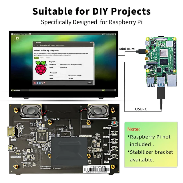 Alt view image 2 of 7 - 7Inch Raspberry Pi Screen HDMI Monitor 800x480 LCD Screen Display with Dual-Speaker for Raspberry Pi 4/3/2/Zero/B/B+ Win11/10/8/7 (Non-Touch)
