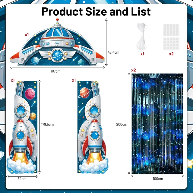 Alt view image 2 of 7 - Outer Space Party Decorations, Spaceship Birthday Party Decorations Outer Space Party Backdrop with Foil Fringe Curtains Porch Door Banner for Space Party Decorations Star Birthday Photo Props