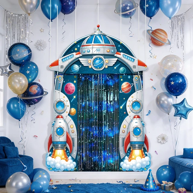 Alt view image 4 of 7 - Outer Space Party Decorations, Spaceship Birthday Party Decorations Outer Space Party Backdrop with Foil Fringe Curtains Porch Door Banner for Space Party Decorations Star Birthday Photo Props