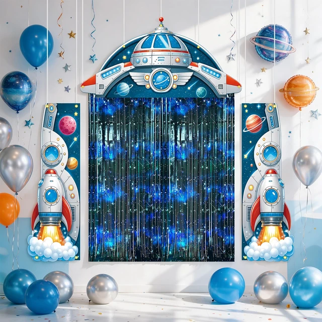 Alt view image 5 of 7 - Outer Space Party Decorations, Spaceship Birthday Party Decorations Outer Space Party Backdrop with Foil Fringe Curtains Porch Door Banner for Space Party Decorations Star Birthday Photo Props