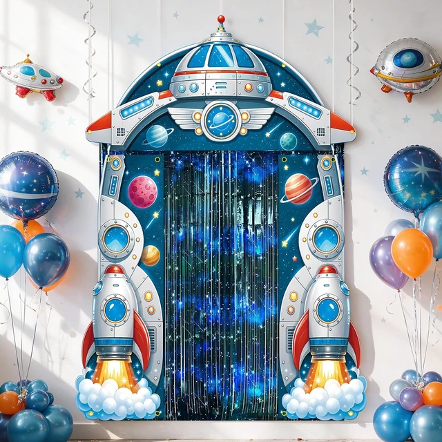 Main image of Outer Space Party Decorations, Spaceship Birthday Party Decorations Outer Space Party Backdrop with Foil Fringe Curtains Porch Door Banner for Space Party Decorations Star Birthday Photo Props