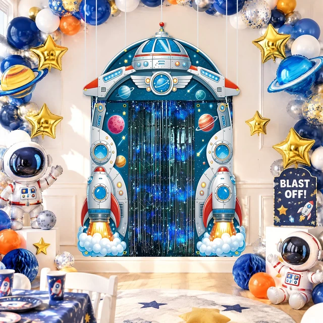 Alt view image 6 of 7 - Outer Space Party Decorations, Spaceship Birthday Party Decorations Outer Space Party Backdrop with Foil Fringe Curtains Porch Door Banner for Space Party Decorations Star Birthday Photo Props