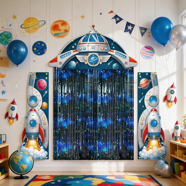Alt view image 7 of 7 - Outer Space Party Decorations, Spaceship Birthday Party Decorations Outer Space Party Backdrop with Foil Fringe Curtains Porch Door Banner for Space Party Decorations Star Birthday Photo Props