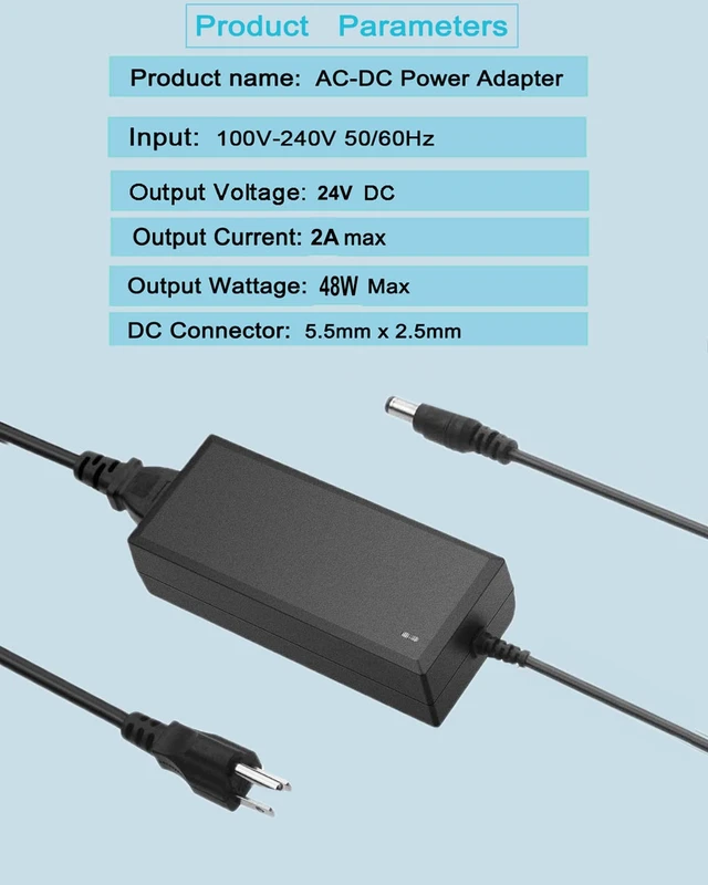 Alt view image 2 of 7 - 24V 2A 48W Power Supply AC/DC Adapter AC 100~240V to DC 24v 2amp 1A Transformer 5.5x2.5mm DC Plug Converter 24VDC Power Supply for 24V LED Srip Lights CCTV Camera