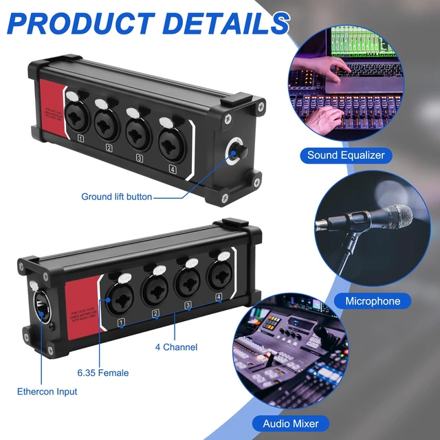 Alt view image 3 of 7 - 4 Channel Multi Audio Snake Box 4 * 6.35mm 1/4" TRS Stereo to RJ45 Female to Female Ethercon Extender Over Cat5/6 Ethercon for Stage Sound and Recording Studio -1 Pcs