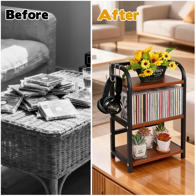 Alt view image 5 of 7 - 3-Tier CD Storage Shelf for Display Wooden Metal CD Holder Desk Rack Organizer Sturdy Game Disc Display CD Organizer for Countertop Storage Media Shelf Home Office Ideal for Music Enthusiasts