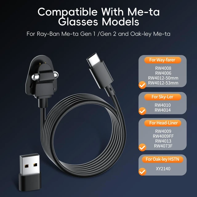 Alt view image 3 of 7 - 2 Pack 3.3FT USB-C Charging Cable with UsB-A Adapter for Rav-Ban Mleta Smart Glasses(Gen1&2), Portable Fast Charger Cord for Wayfarer/Skyler/Headliner/Scriber/Oakley HSTN Meta AI Glasses Accessories