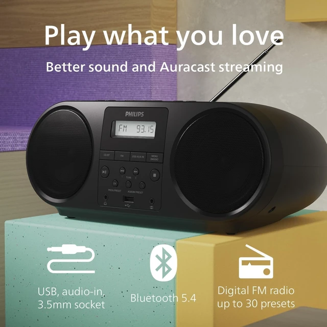Alt view image 4 of 4 - All-in-One CD Player with FM Radio, Bluetooth 5.4, USB, Battery/AC Power, Dynamic Bass, Recycled Materials & 3.5mm Headphone Jack