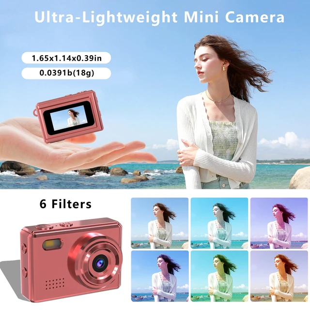 Alt view image 4 of 7 - Mini Keychain Camera-1080P Mini Retro Digital Camera with 0.96" Screen 16GB Card,Portable Video Recorder with Filters for Kids, Teens, Beginners (Rose Gold)