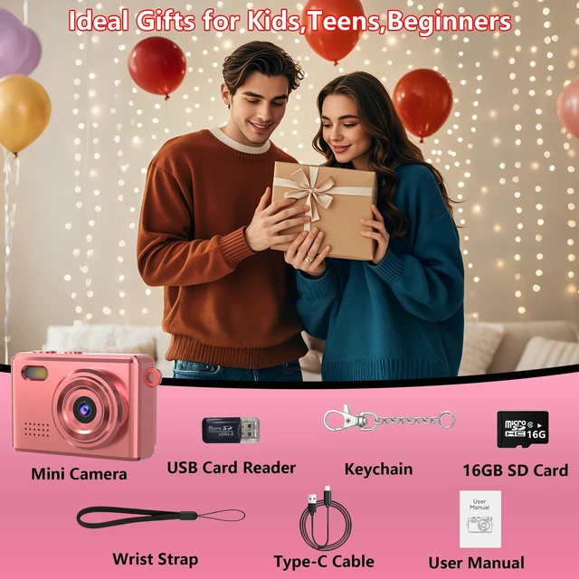 Alt view image 7 of 7 - Mini Keychain Camera-1080P Mini Retro Digital Camera with 0.96" Screen 16GB Card,Portable Video Recorder with Filters for Kids, Teens, Beginners (Rose Gold)