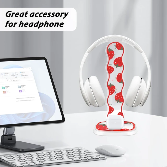 Alt view image 5 of 7 - CamyCosy Headphone Stand Gaming Headset Holder for Desk,Clear Pretty Strawberry Flowers Pattern Cellphone Stand Earphone Stand Desk Accessories for All Headphones Size