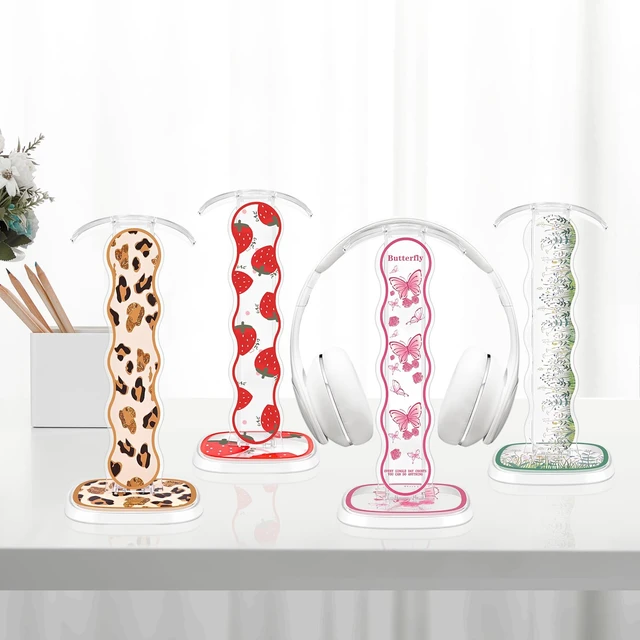 Alt view image 7 of 7 - CamyCosy Headphone Stand Gaming Headset Holder for Desk,Clear Pretty Strawberry Flowers Pattern Cellphone Stand Earphone Stand Desk Accessories for All Headphones Size