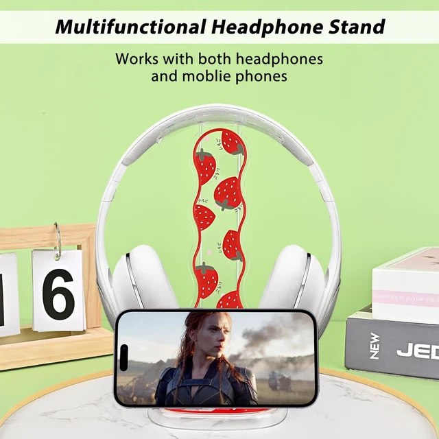 Alt view image 3 of 7 - CamyCosy Headphone Stand Gaming Headset Holder for Desk,Clear Pretty Strawberry Flowers Pattern Cellphone Stand Earphone Stand Desk Accessories for All Headphones Size