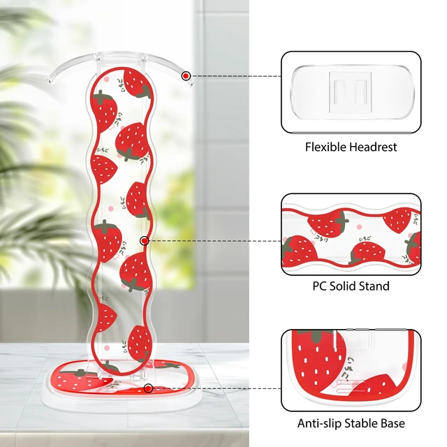 Alt view image 4 of 7 - CamyCosy Headphone Stand Gaming Headset Holder for Desk,Clear Pretty Strawberry Flowers Pattern Cellphone Stand Earphone Stand Desk Accessories for All Headphones Size