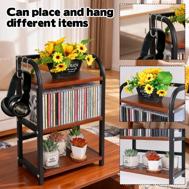 Alt view image 6 of 7 - 3-Tier CD Storage Shelf for Display Wooden Metal CD Holder Desk Rack Organizer Sturdy Game Disc Display CD Organizer for Countertop Storage Media Shelf Home Office Ideal for Music Enthusiasts