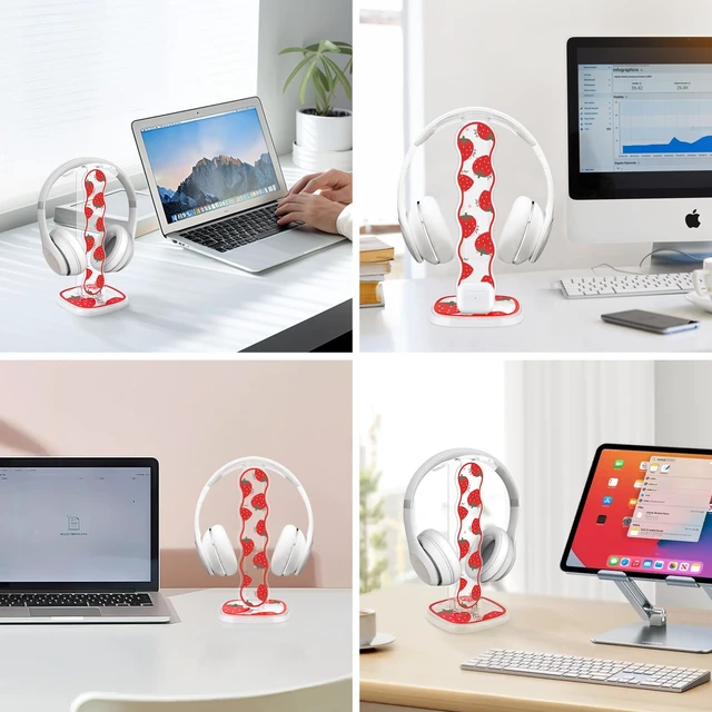Alt view image 6 of 7 - CamyCosy Headphone Stand Gaming Headset Holder for Desk,Clear Pretty Strawberry Flowers Pattern Cellphone Stand Earphone Stand Desk Accessories for All Headphones Size