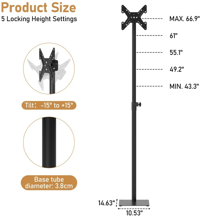 Alt view image 2 of 7 - Extra Tall Monitor Floor TV Stand with VESA Mount for 14 to 43 Inch TV Height Adjustable Stand with Steel Flat Base, Universal Vertical Freestanding Pole for Corner, Office, Bedroom, Living room
