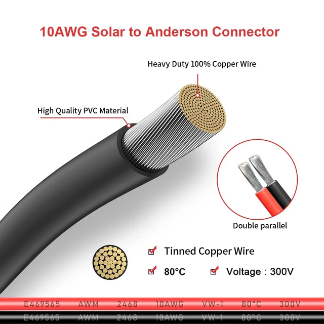 Alt view image 4 of 7 - 10AWG 50FT Solar Panel Cable to Anderson Connector 2 6 10 20 35 50FT Solar Extension Cable for Portable Power Station Solar Generator Battery Pack(50FT)