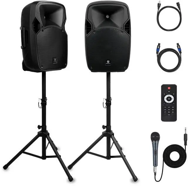 Main image of Party 12 12-Inch 1800W 2-Way Powered PA Speaker System Combo Set with Bluetooth/USB Drive/SD Card/FM/Remote Control/Speaker Stands for Indoor, Outdoor DJ Parties, Personal Gatherings, Karaoke