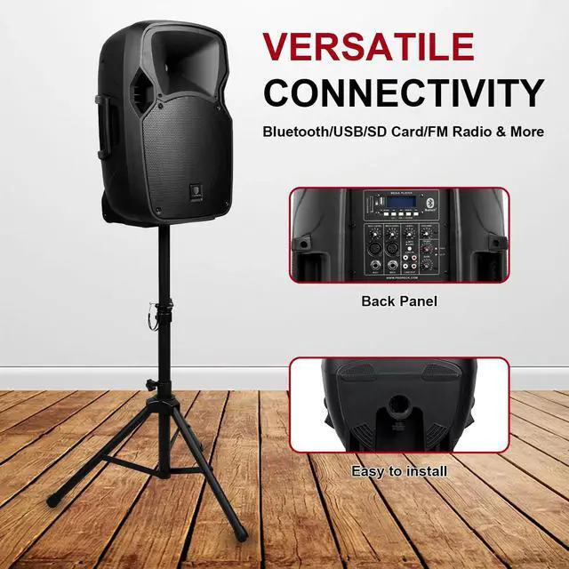 Alt view image 4 of 6 - Party 12 12-Inch 1800W 2-Way Powered PA Speaker System Combo Set with Bluetooth/USB Drive/SD Card/FM/Remote Control/Speaker Stands for Indoor, Outdoor DJ Parties, Personal Gatherings, Karaoke