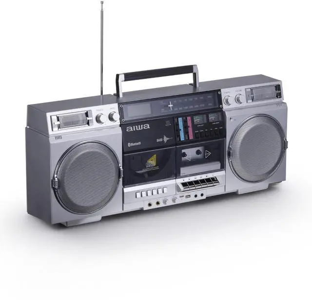 Main image of Retro Boombox CD Player with Cassette Recording, Bluetooth 5.0, FM/AM Radio, USB/SD/AUX Inputs, VU Meters, LCD Display, Dual 40W Speakers - Silver