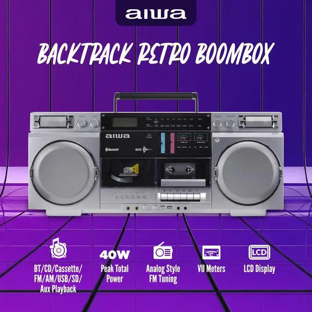 Alt view image 2 of 6 - Retro Boombox CD Player with Cassette Recording, Bluetooth 5.0, FM/AM Radio, USB/SD/AUX Inputs, VU Meters, LCD Display, Dual 40W Speakers - Silver