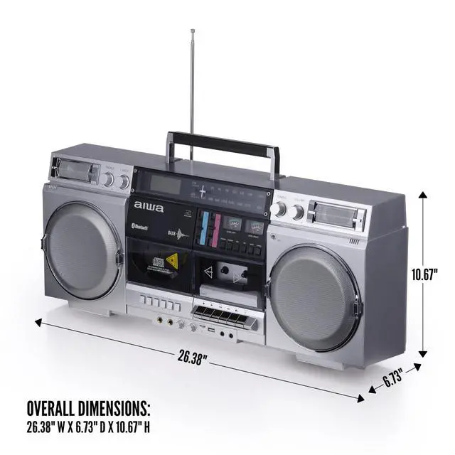 Alt view image 3 of 6 - Retro Boombox CD Player with Cassette Recording, Bluetooth 5.0, FM/AM Radio, USB/SD/AUX Inputs, VU Meters, LCD Display, Dual 40W Speakers - Silver