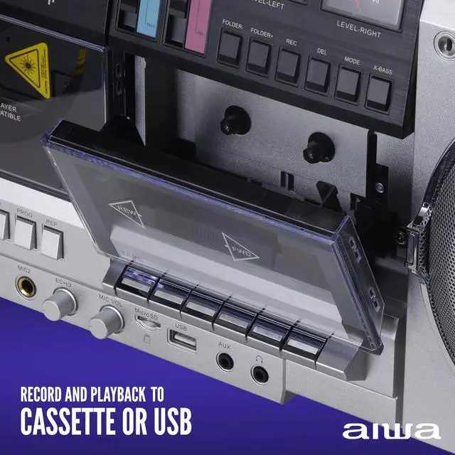 Alt view image 4 of 6 - Retro Boombox CD Player with Cassette Recording, Bluetooth 5.0, FM/AM Radio, USB/SD/AUX Inputs, VU Meters, LCD Display, Dual 40W Speakers - Silver