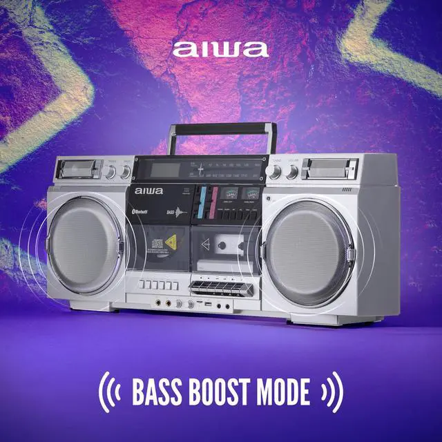 Alt view image 5 of 6 - Retro Boombox CD Player with Cassette Recording, Bluetooth 5.0, FM/AM Radio, USB/SD/AUX Inputs, VU Meters, LCD Display, Dual 40W Speakers - Silver