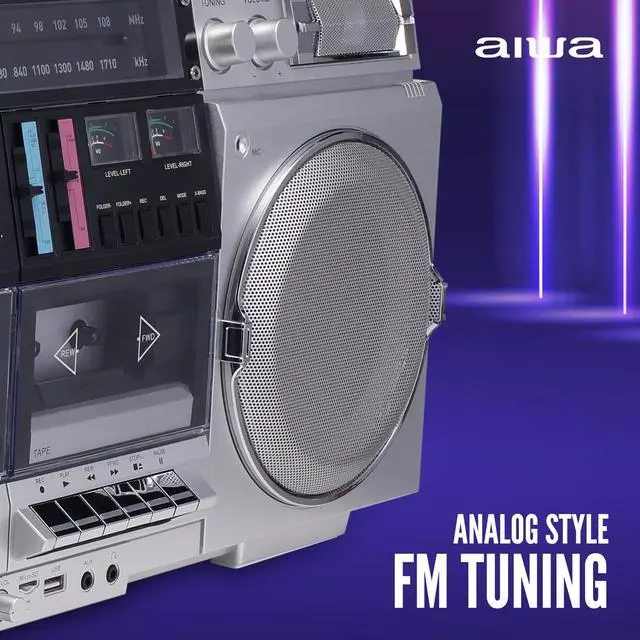 Alt view image 6 of 6 - Retro Boombox CD Player with Cassette Recording, Bluetooth 5.0, FM/AM Radio, USB/SD/AUX Inputs, VU Meters, LCD Display, Dual 40W Speakers - Silver