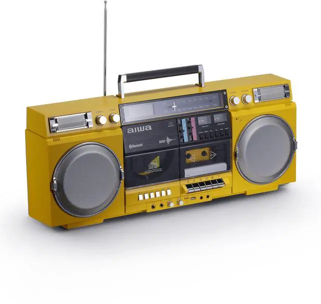Main image of Retro Boombox CD Player with Cassette Recording, Bluetooth 5.0, FM/AM Radio, USB/SD/AUX Inputs, VU Meters, LCD Display, Dual 40W Speakers - Yellow