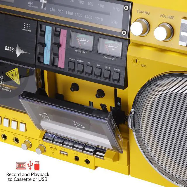 Alt view image 2 of 6 - Retro Boombox CD Player with Cassette Recording, Bluetooth 5.0, FM/AM Radio, USB/SD/AUX Inputs, VU Meters, LCD Display, Dual 40W Speakers - Yellow