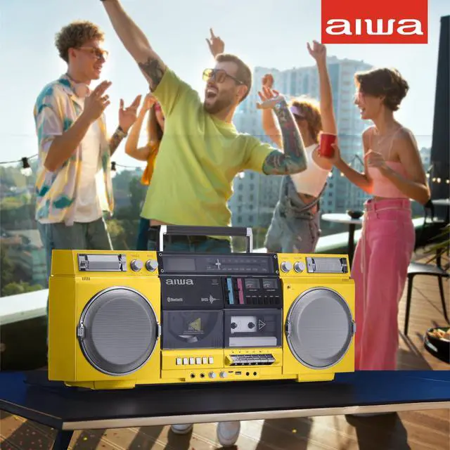 Alt view image 4 of 6 - Retro Boombox CD Player with Cassette Recording, Bluetooth 5.0, FM/AM Radio, USB/SD/AUX Inputs, VU Meters, LCD Display, Dual 40W Speakers - Yellow