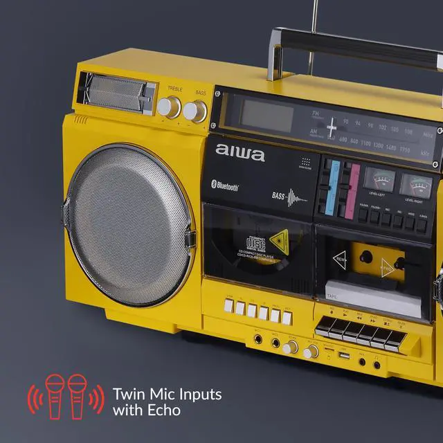 Alt view image 6 of 6 - Retro Boombox CD Player with Cassette Recording, Bluetooth 5.0, FM/AM Radio, USB/SD/AUX Inputs, VU Meters, LCD Display, Dual 40W Speakers - Yellow