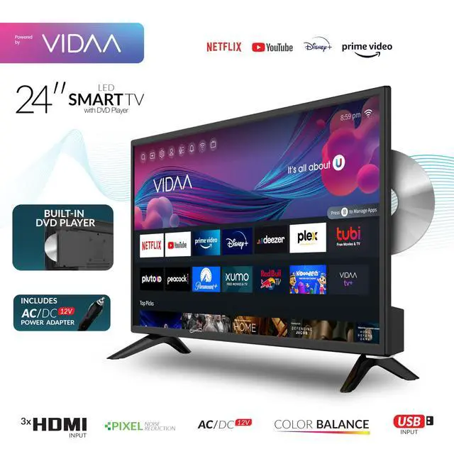 Alt view image 3 of 6 - SC-2426SDVD 24-inch LED Smart HDTV w/DVD Player, ATSC & NTSC System, 3X HDMI, 1080p, WiFi, USB, Multi Language OSD, AC/DC Compatible for Home, Kitchen, or RV Camper, DC Car Cord Included