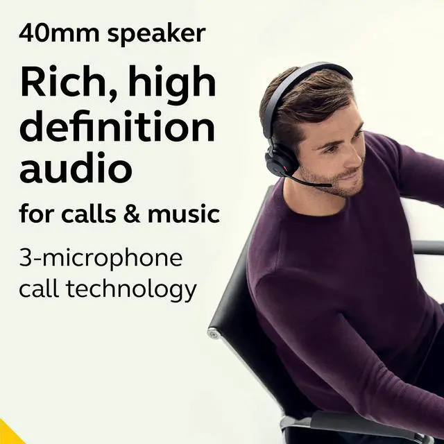 Alt view image 3 of 6 - Evolve2 65 MS Wireless Headset with Link380c, Mono, Black Wireless Bluetooth Headset for Calls and Music, 37 Hours of Battery Life, Passive Noise Cancelling Headphones