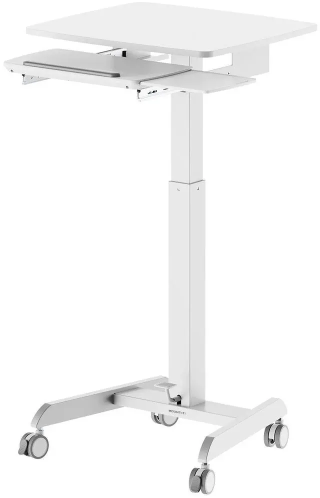 Main image of Height Adjustable Rolling Laptop Desk with Keyboard Tray, Mobile Sit-Stand Computer Cart with Wheels, Small Standing Desk for Home, Office, or Classroom, 23.6" x 20.5", White