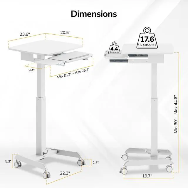 Alt view image 2 of 6 - Height Adjustable Rolling Laptop Desk with Keyboard Tray, Mobile Sit-Stand Computer Cart with Wheels, Small Standing Desk for Home, Office, or Classroom, 23.6" x 20.5", White