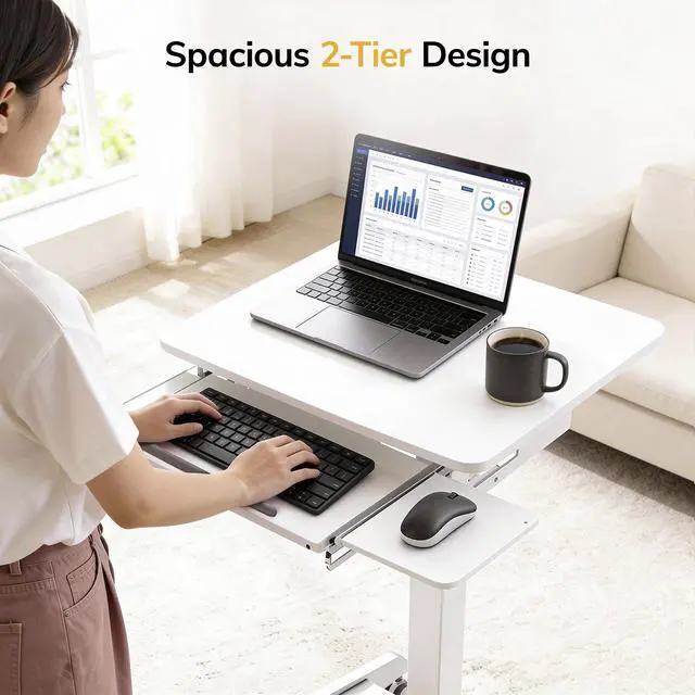 Alt view image 3 of 6 - Height Adjustable Rolling Laptop Desk with Keyboard Tray, Mobile Sit-Stand Computer Cart with Wheels, Small Standing Desk for Home, Office, or Classroom, 23.6" x 20.5", White