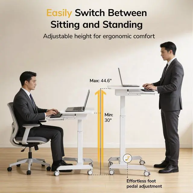 Alt view image 4 of 6 - Height Adjustable Rolling Laptop Desk with Keyboard Tray, Mobile Sit-Stand Computer Cart with Wheels, Small Standing Desk for Home, Office, or Classroom, 23.6" x 20.5", White