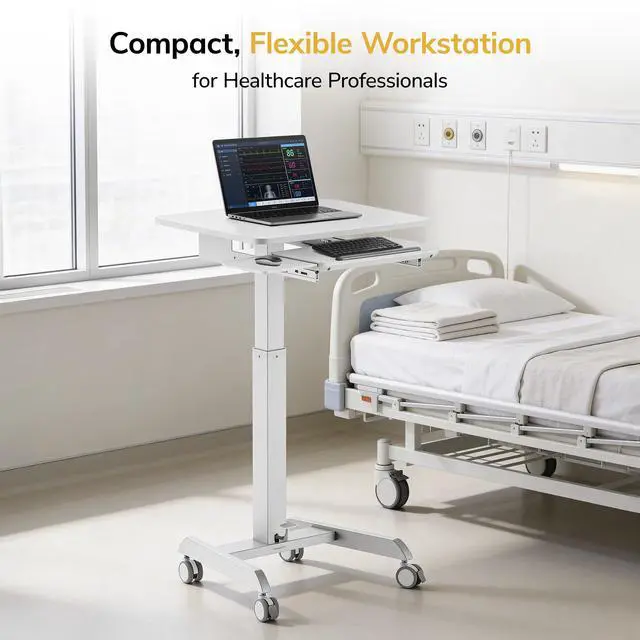 Alt view image 5 of 6 - Height Adjustable Rolling Laptop Desk with Keyboard Tray, Mobile Sit-Stand Computer Cart with Wheels, Small Standing Desk for Home, Office, or Classroom, 23.6" x 20.5", White