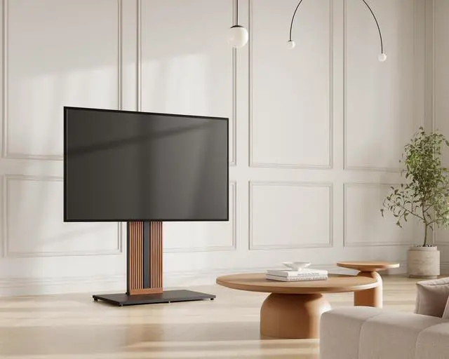 Alt view image 3 of 6 - Wood TV Stand Swivel Mount with Hidden Back Storage for 55-88 inch TV Screens, Scandinavian Style Tall Floor TV Stand for Home Decor with Reinforced Base, Zen Series,Walnut