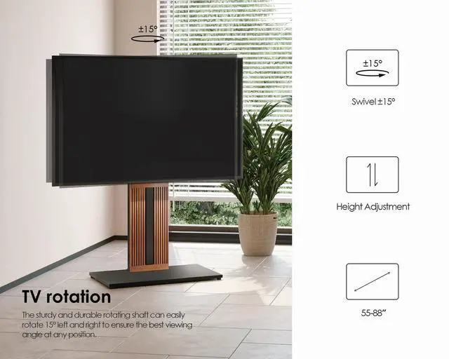 Alt view image 5 of 6 - Wood TV Stand Swivel Mount with Hidden Back Storage for 55-88 inch TV Screens, Scandinavian Style Tall Floor TV Stand for Home Decor with Reinforced Base, Zen Series,Walnut